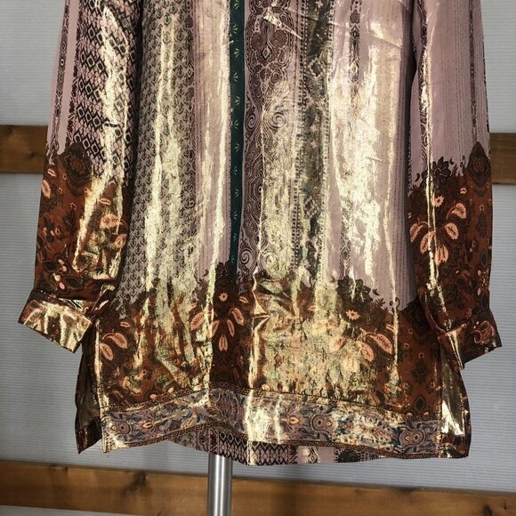 ETRO Metallic Silk Patterned Print Long Sleeve Side Slit Tunic Blouse Sz 44 ITA - Picture 4 of 16